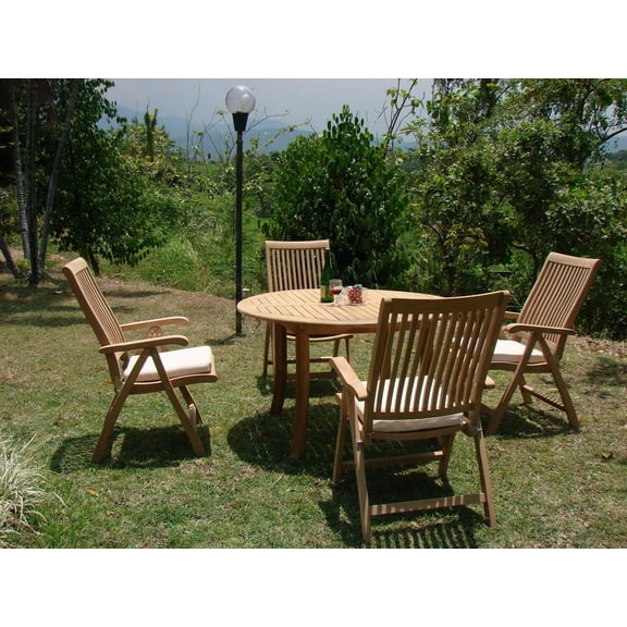 Teak Dining Set:4 Seater 5 Pc - 52" Round Table And 4 Marley Reclining Arm Chairs Outdoor Patio Grade-A Teak Wood WholesaleTeak #WMDSMR2