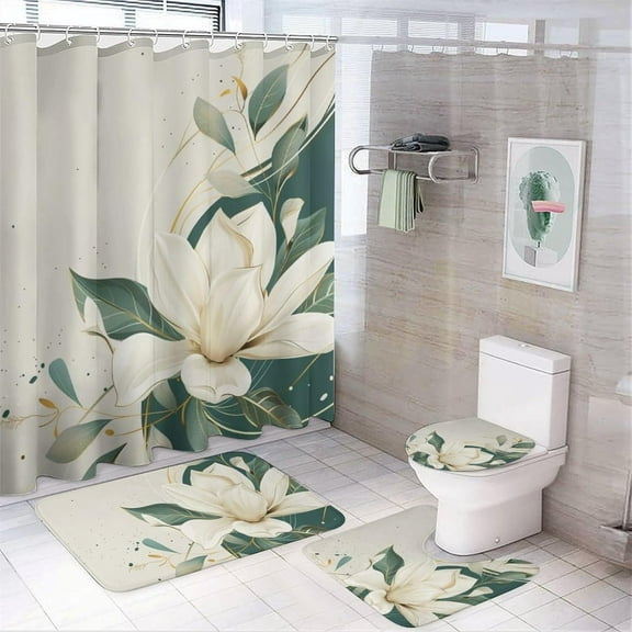 4Pcs Abstract Flower Leaf Plant Shower Curtain Sets, 4pcs Magnolia Floral Theme Shower Curtains for Bathroom with Rugs, Toilet Lid Cover, Bath Mat, 72" x 72"