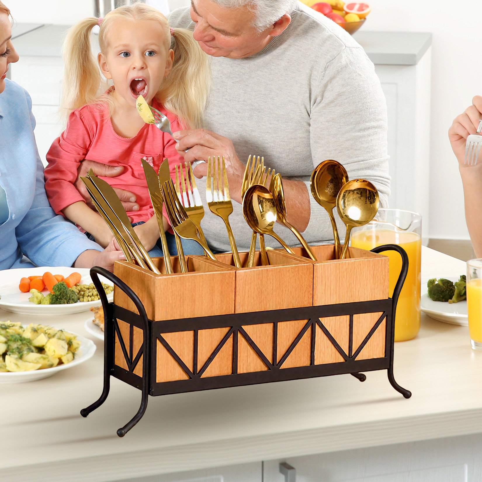 Waterproof Wooden Flatware Caddy Silverware Holder, Acacia Wood Utensil Holder with 3 Detachable Compartments & Handles, Fork Spoon Knife Organizer for Party BBQ