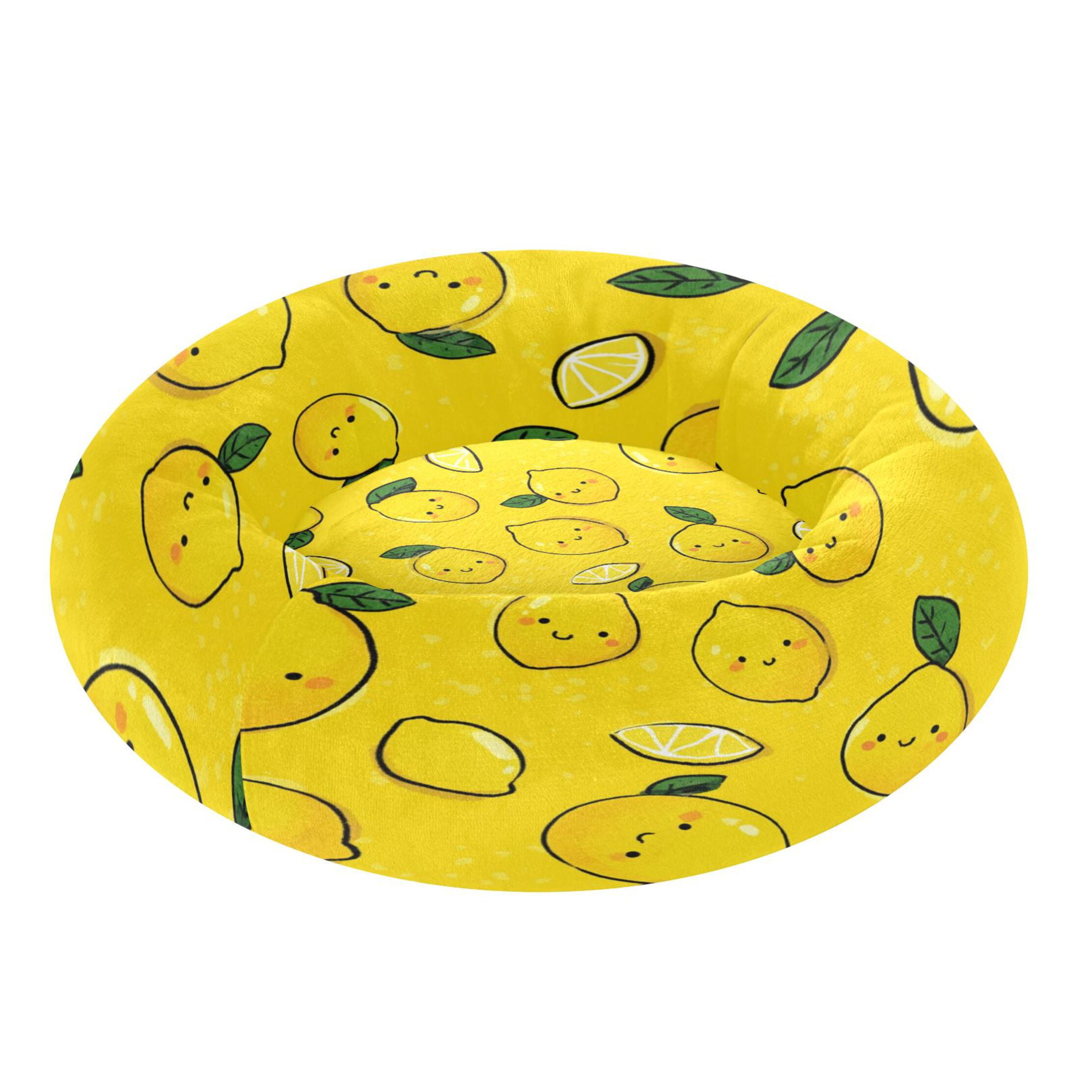 Iauyy Pet Couch Donut Cat Bed for Indoor Cats/Small Dogs Washable & Machine with Non-slip Bottom Calming Cat Furniture, Lemon Cartoon Wallpaper (M)