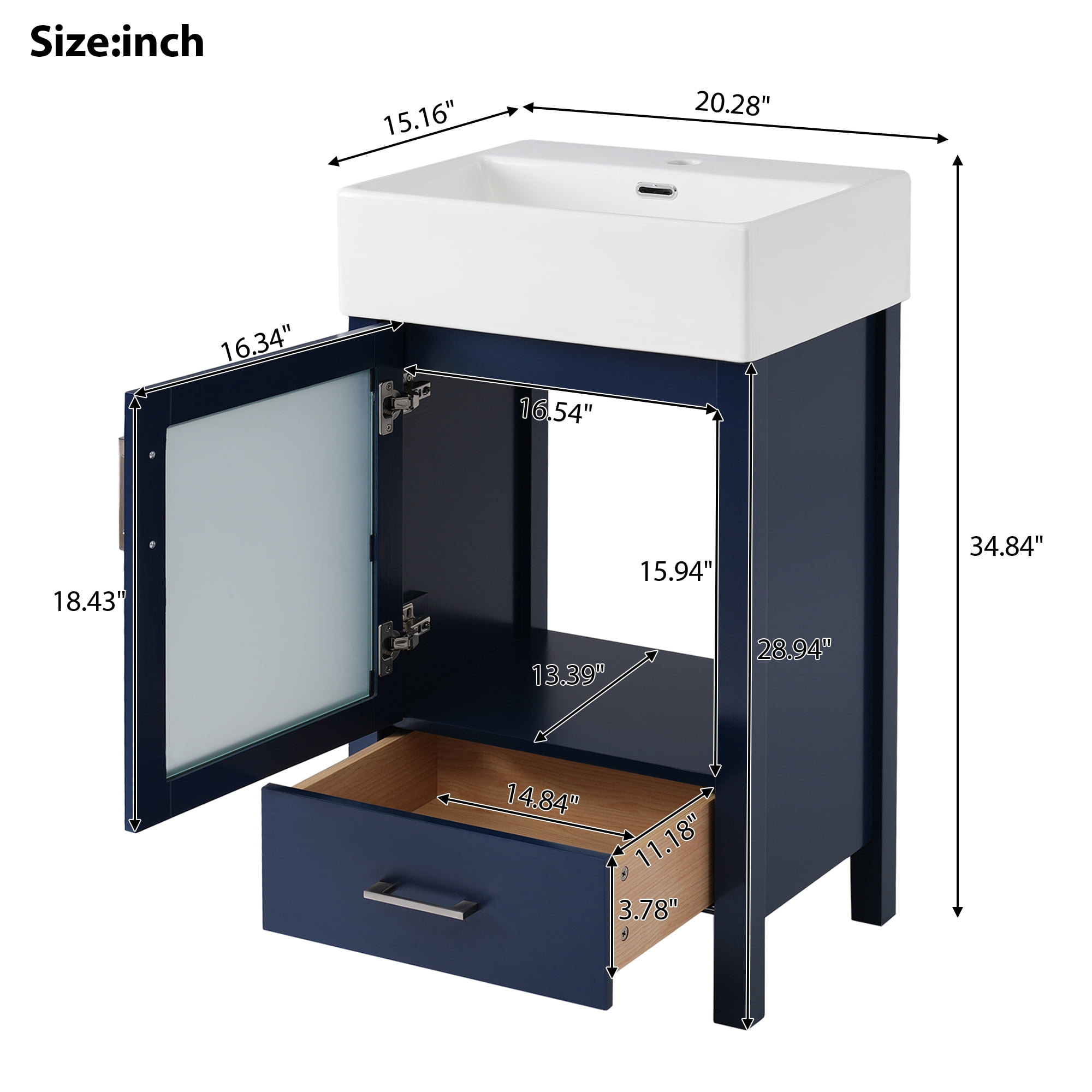 Euroco 20" Bathroom Vanity with Ceramic Sink, Frosted Glass Doors, Soft-Close Door, Solid Wood Legs – Modern Space-Saving Design