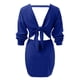 thumbnail image 3 of Gibobby Vestido de punto trenzado Vestido de suéter ajustado sin espalda de punto con cuello en V y manga larga de murciélago para mujer con cinturón(Azul,CH), 3 of 5