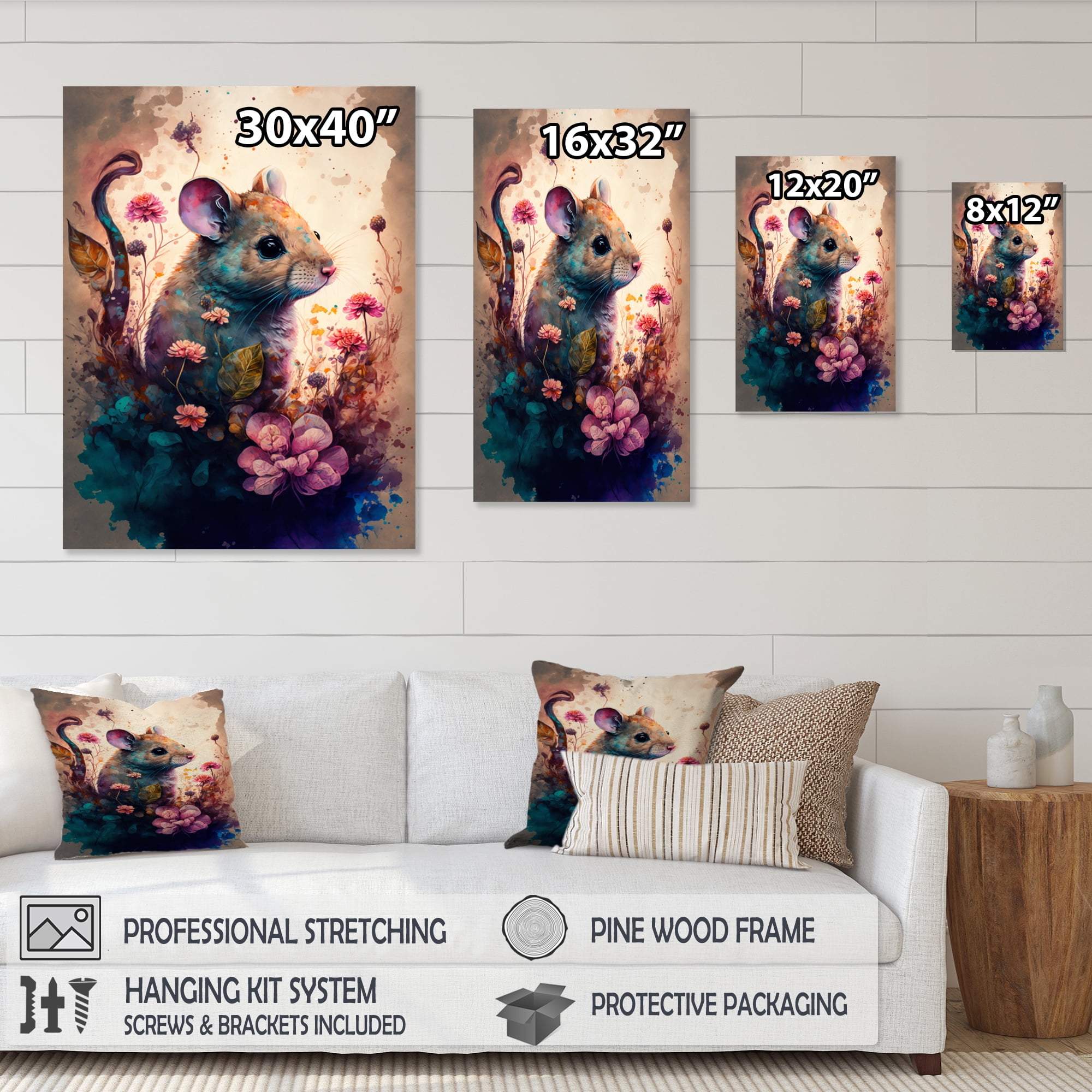 Designart Cute Mouse Floral Art Canvas Wall Art