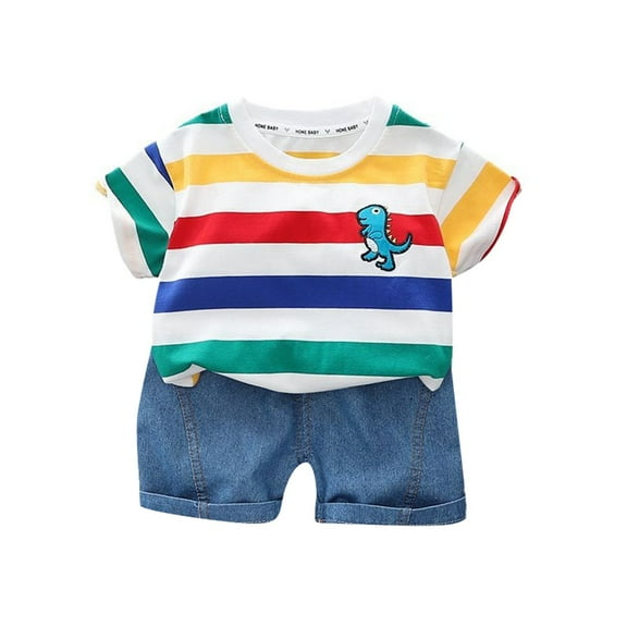 WOYY Infant Boys Outfits Striped Short Sleeve T Shirt Denim Shorts Set, Sizes 18-24M