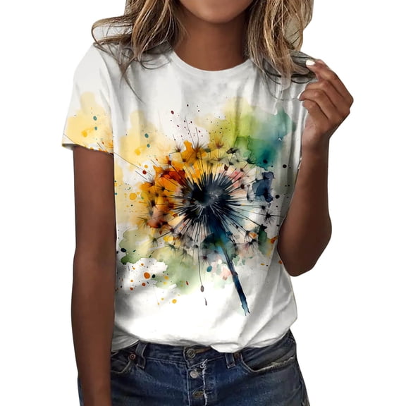 Yuanlong Women's Tshirts Crew Neck Short Sleeve Unique Printed Summer Tee Casual Fashion Stylish Holiday Daily T Shirt Top
