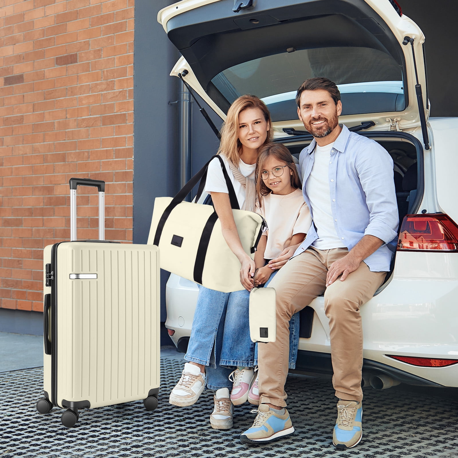 SANOPY Luggage Sets 3 PCS, ABS Lightweight Suitcase Dual-Spinner Wheel TSA Lock, Hardshell Carry on Luggage with Expandable Travel Bag, Beige