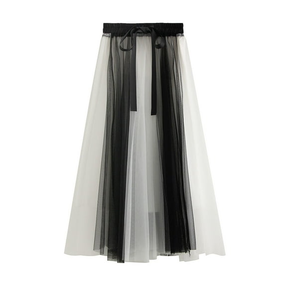 Jdlsppl Women's Long Tulle Skirt Cute Pastel Mesh Casual Fashion Elastic Waist Flowy Layered A Line Summer Pleated Skirts White Black One Size