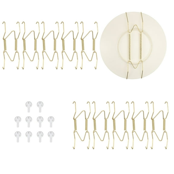 10pcs Plate Hanger, 4 to 5 Inches Universal Stainless Steel Invisible Plate Hangers for the Wall W-shaped Holder with Traceless Nail for Decorations, Golden