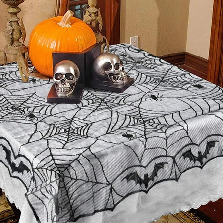 

Fun Little Toys Halloween Tablecloth with Black Spider Web and Bat Rectangular Lace Tablecloth Halloween Table Party Decorations for Home Kitchen Decor Scary Movie Nights