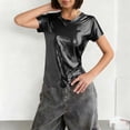 thumbnail image 5 of Women's Metallic Tops Fitted Shiny Short Sleeve Tees Crew Neck T-shirts Dancing Festivals Disco Party Outfits (2XL, Black), 5 of 6