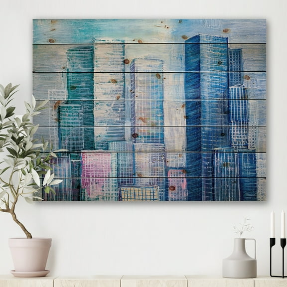 Designart 'Abstract Style Cityscape Panorama Skyscrapers I' Modern Print on Natural Pine Wood