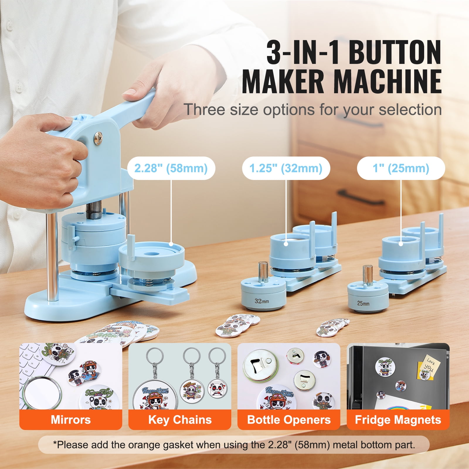 KFFKFF 3-IN-1 Button Maker, Multiple Sizes 1" +1.25" +2.28" (25/32/58mm) Badge Button Press Machine with 300pcs Button Parts, Button Maker Machine with Panda Magic Book, Ergonomic Arc Handle Punch