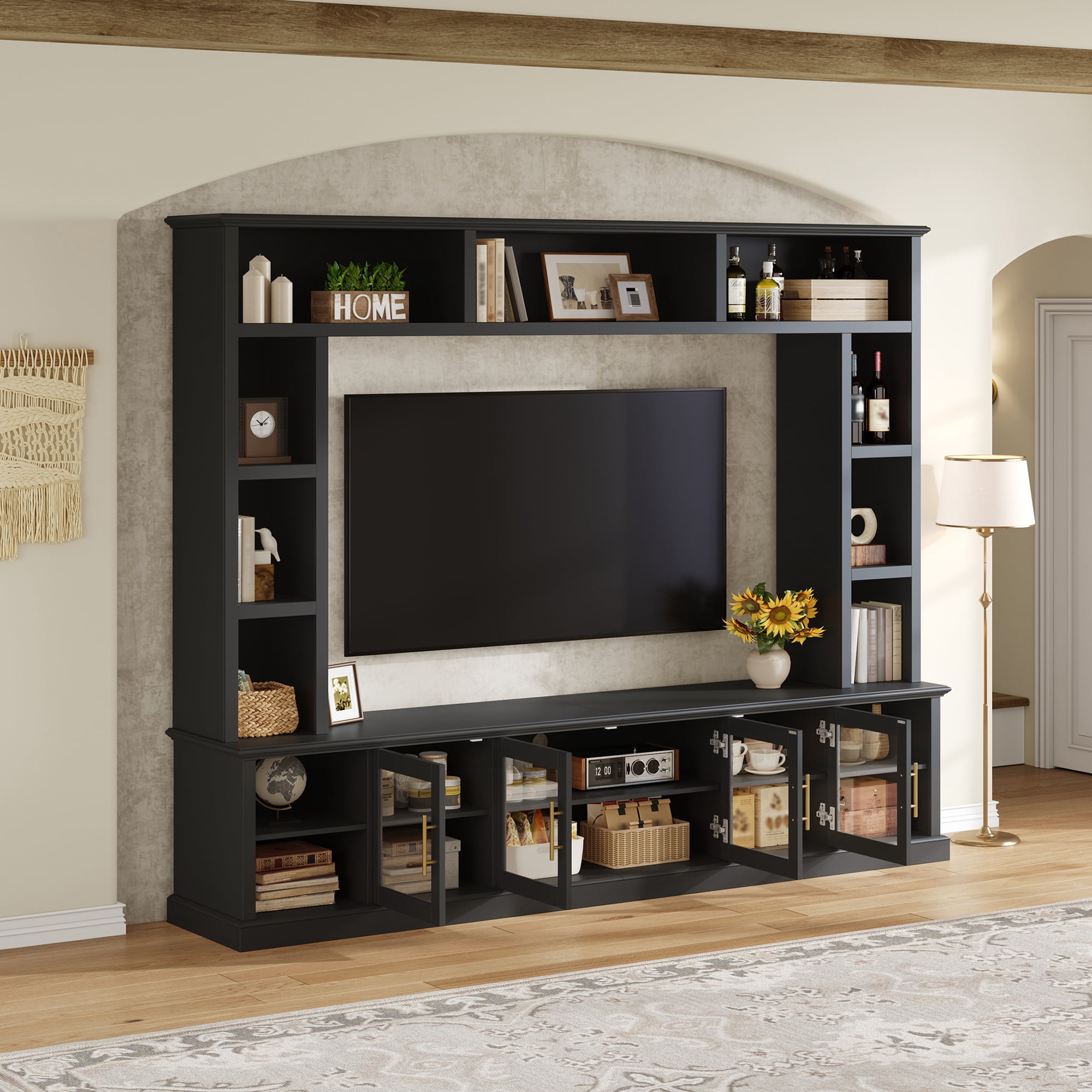 Euroco Entertainment Center Wall Unit for TVs up to 80", All-in-One Modern TV Stand with Bookshelves & Tempered Glass Doors, TV Console Unit with Shelving for Living Room, Entertainment