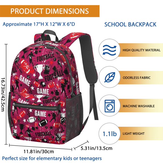 Football and Trophy Red Pattern 17" Waterproof Oxford School Backpacks for Teens, S-Shape Padded Straps, for School, Travel, Hiking, Camping