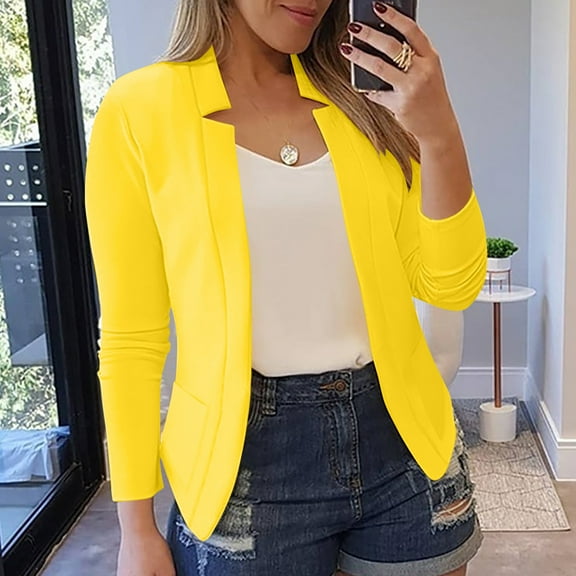 Trushirts Womens Yellow Open-Front Blazer - Stretchy 95%Polyester 5%Spandex, S-XXXXXL Plus Size with Side Pockets, Lightweight Office & Casual Use,Size M