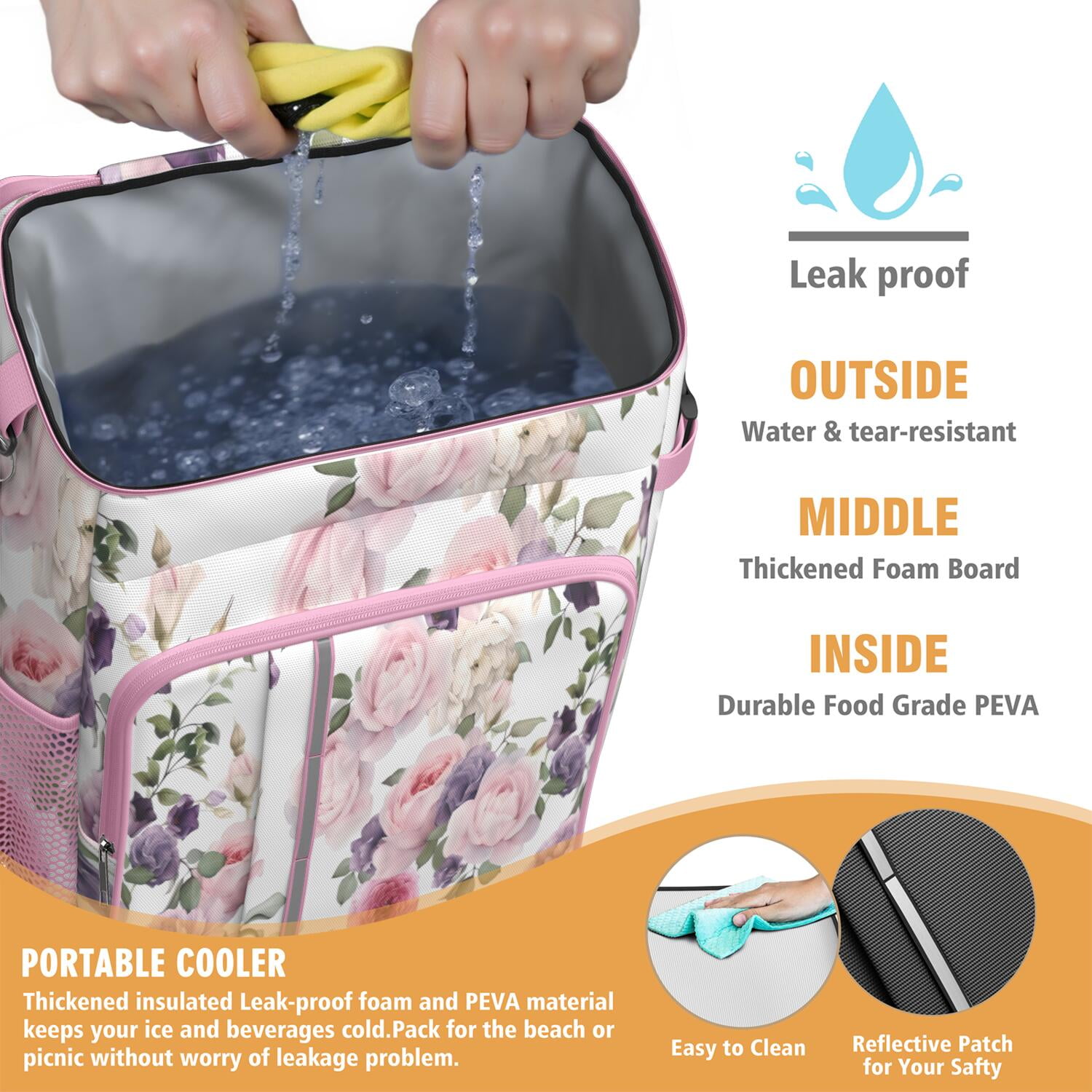 Travel Cooler Bag - Pioneer Flower Floral Print Pattern Camping Beer Cooler Backpack with Bottle Opener- Waterproof Insulated Picnic Backpacks - Cooler Bag for Beach