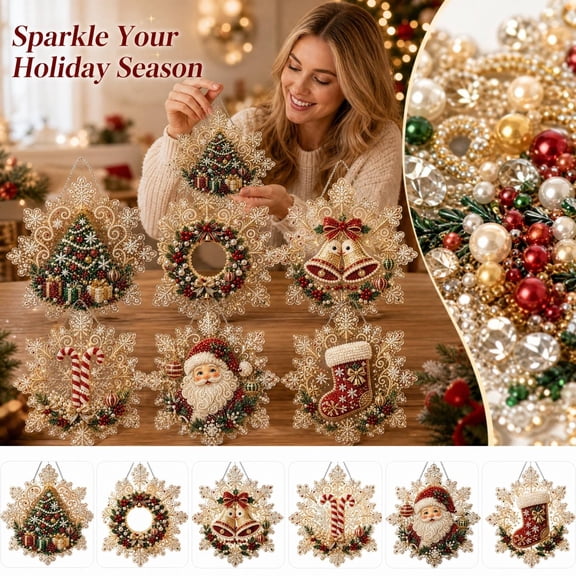 Christmas Pearl Diamond Painting Suncatcher Kit, DIY Craft, Acrylic Snowflake Shape Board with Lace Edge, 3D Mixed-Sized Pearl Beads Craft