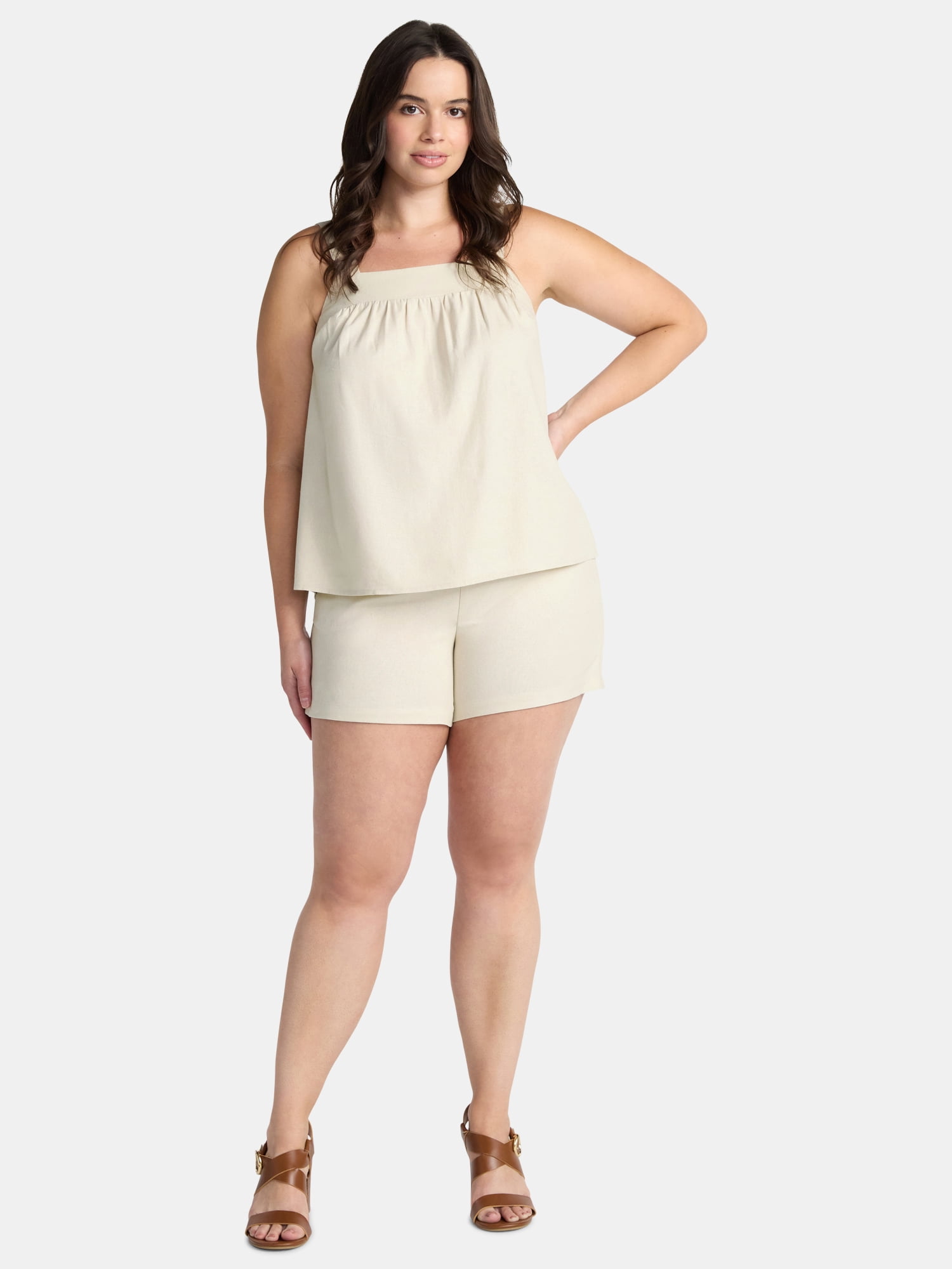 Time and Tru Women's Linen Blend Tank Top and Shorts Set, 2-Piece, Sizes XS-4X