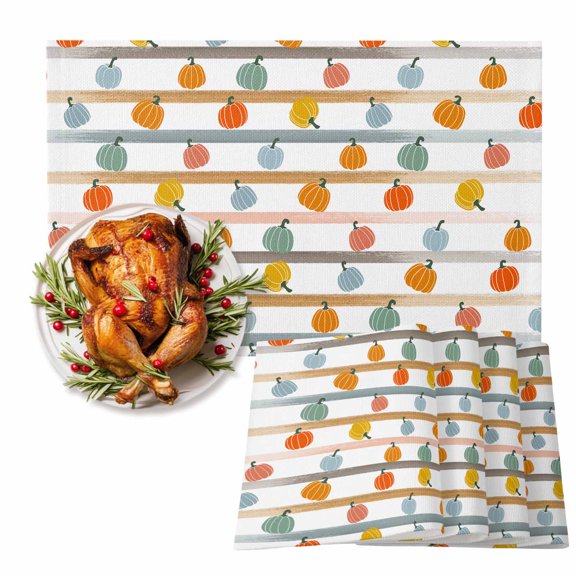 Orange Pumpkins Placemats Set of 4, Blue Brown Stripes Heat Insulated Linen Place Mats, Washable Stain-Proof Table Mats for Dining Tables Holiday Decor 13x19 Inches