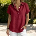 thumbnail image 2 of hoksml Women's Cotton Linen Collared Shirt, Short Sleeve Pull-On Button-Down Blouse, Loose Fit Casual Daily Office Wear Top, 2 of 7