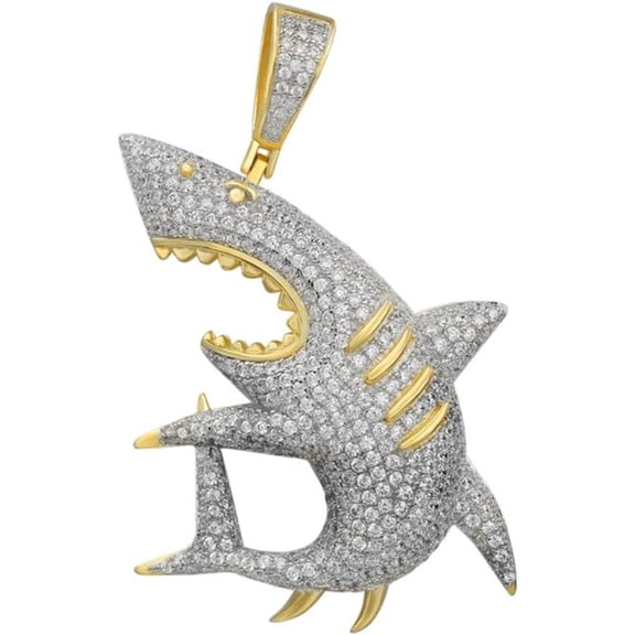 925 Sterling Silver 14K Yellow Gold Finish Round Cut White Diamond Shark Charm 2 Inch Pendant For Men's