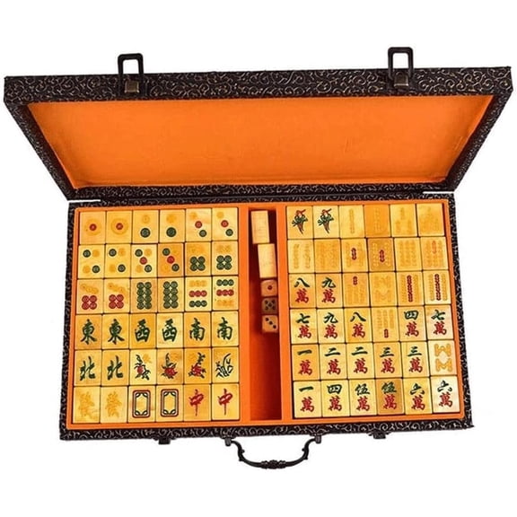 Chinese Mahjong, 144 Numbered Acrylic Tiles 1.5" Large Gold Tile with Carrying Travel Case Complete Mahjong Game Set New Packing