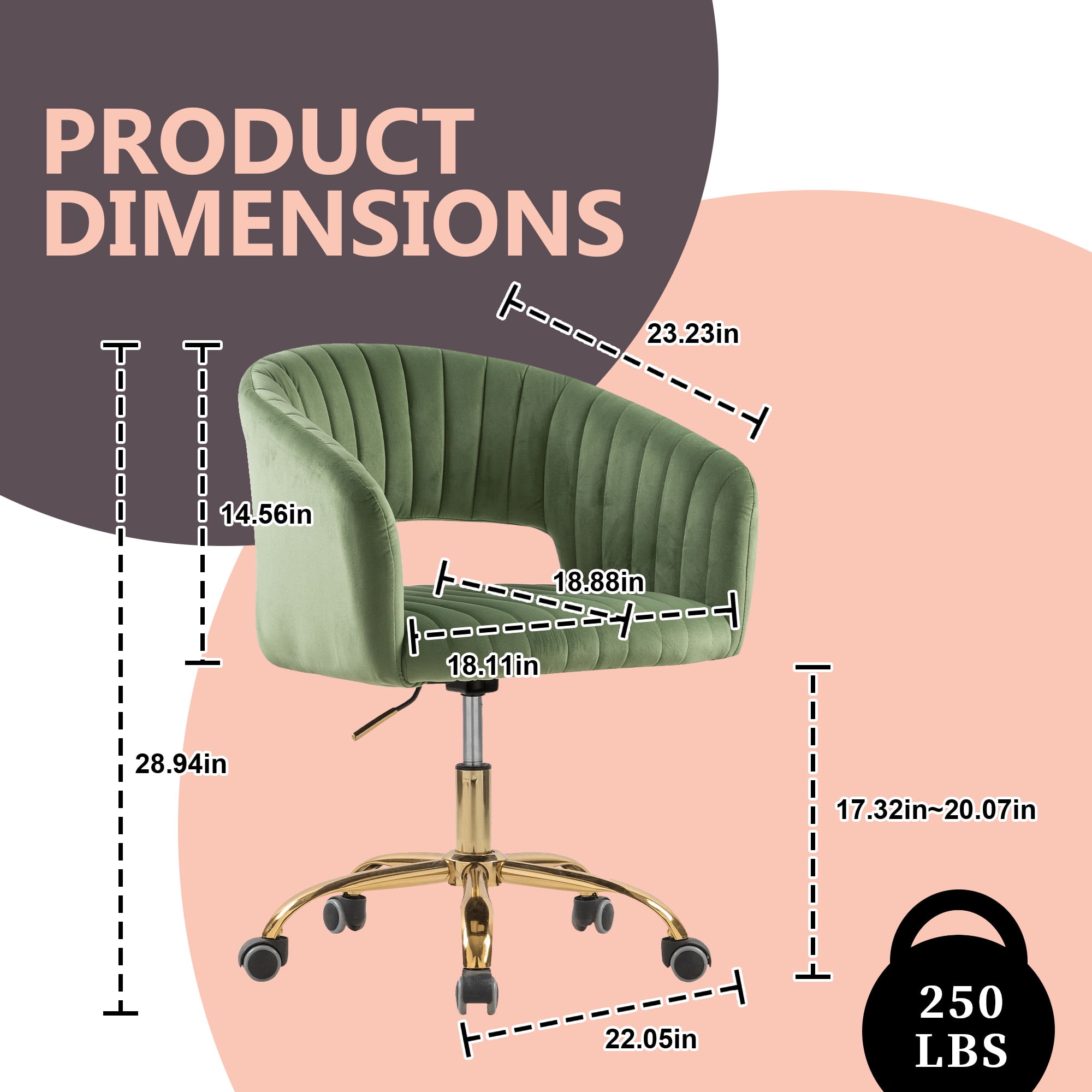 MOONMISS Velvet Upholstered 360°Swivel Adjustable Height Modern Home Office Chair with Golden Legs-Green