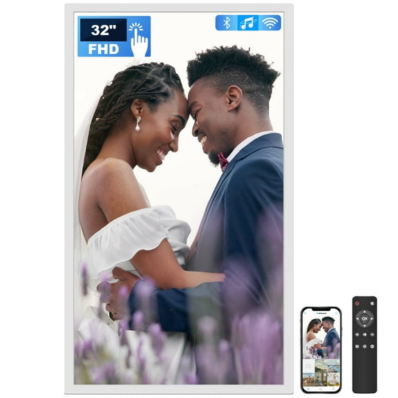 32 Inch FHD Extra Large Digital Picture Frame Touchscreen, 64GB FHD IPS WiFi Digital Photo Frame Remote, Share Photo/Video via Apps, Email, Auto-Rotate, White