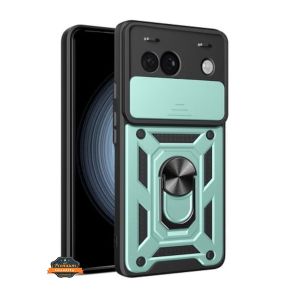 For Google Pixel 9A Hybrid Shockproof, Built-in Sliding Camera Lens Protection with Magnetic Finger Ring Stand Holder Phone Case Cover Green