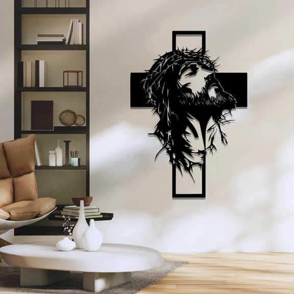 Jesus on the Cross Metal Wall Art – Black Crucifix Sculpture with Detailed Face – Modern Christian Religious Wall Decor for Home Altar Living Room & Church – Easter Spiritual Gift