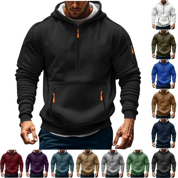 LODIENY Big and Tall Regular Fit Cargo Hoodie Tops for Men Casual Long Sleeve Half Zip up Hooded Pullover Sweatshirts Trendy Oversized Baggy Outwear Coat with Pockets Army Green S