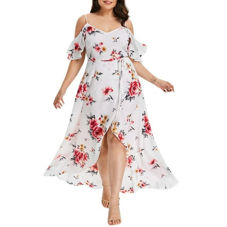 

asdoklhq Maternity Dress Plus Size Women Casual Short Sleeve Cold Shoulder Boho Flower Print Long Dress