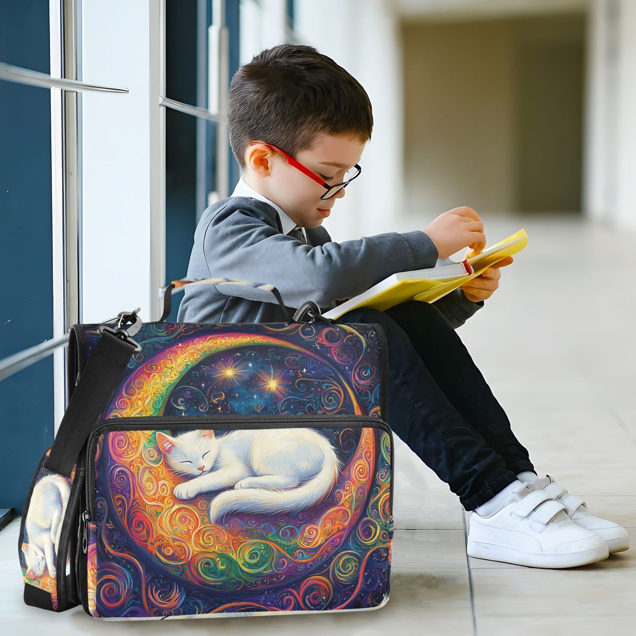 3 Ring Zipper Binder with Shoulder Strap Waterproof Trapper Keeper 2 Inch D-Ring 500 Sheets Capacity Cat Laying on Moon