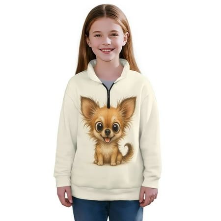 Chaqlin Cartoon Chihuahua Girls Zip Up Sweatshirt Quarter Zip Up Pullover Sweatshirts Lightweight Comfy Casual for School Gym Run Daily Use Size 13-14