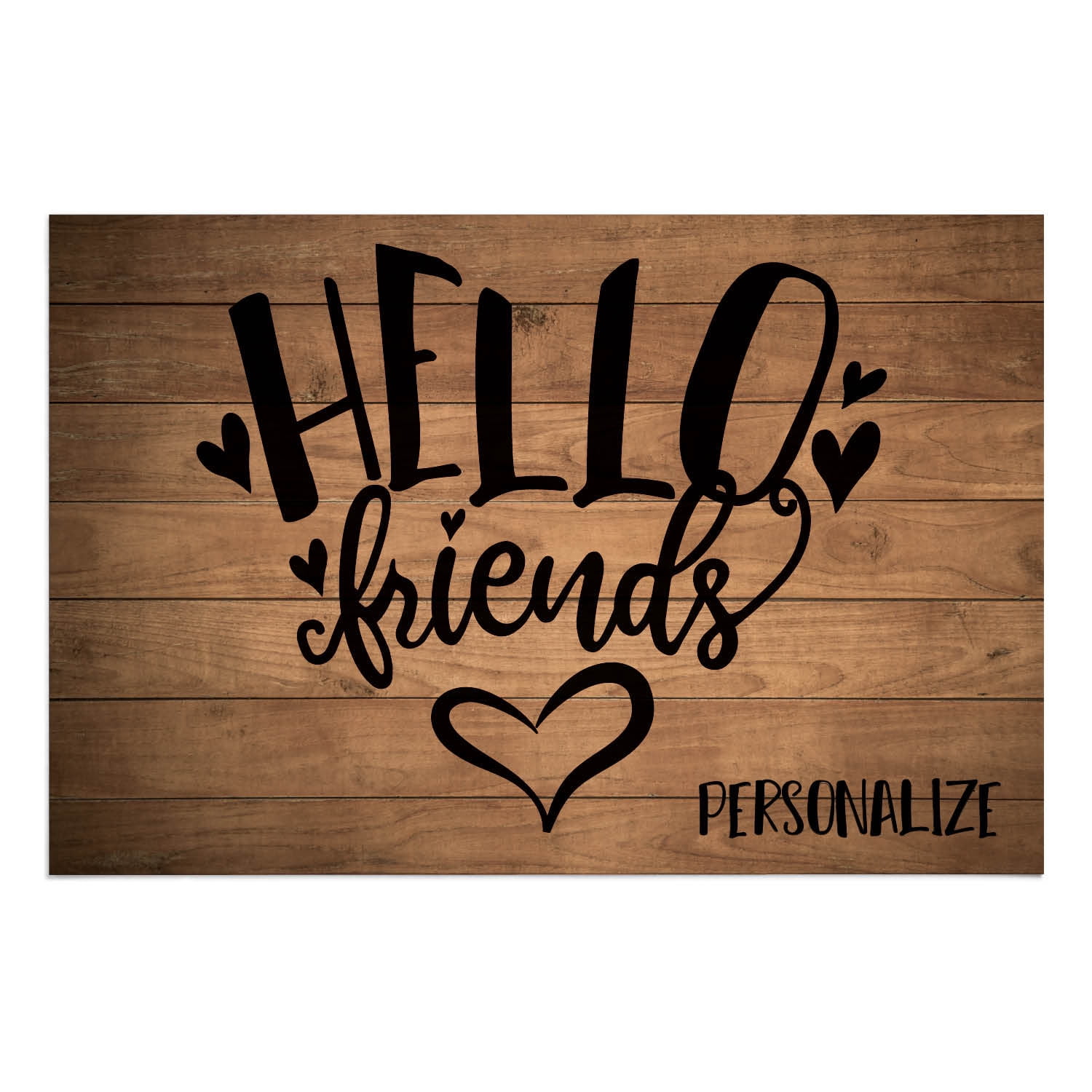 Personalized Planet 27x18 Hello Friends Doormat with Custom Family Name Printed on Brown Rectangular 1/8” Thick Non Slip Mat with Heart Design for Kitchen Hallway Deck or Porch