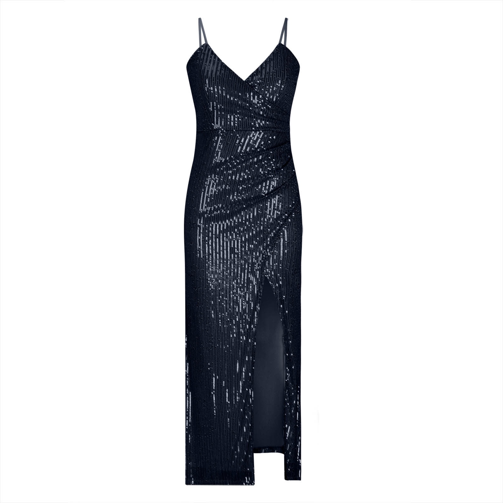 Glitter Sequin Long Maxi Dress for Women with Slit, Sleeveless V Neck Sexy Elegant Fitted High Split Party Gown (Medium, Dark Blue)