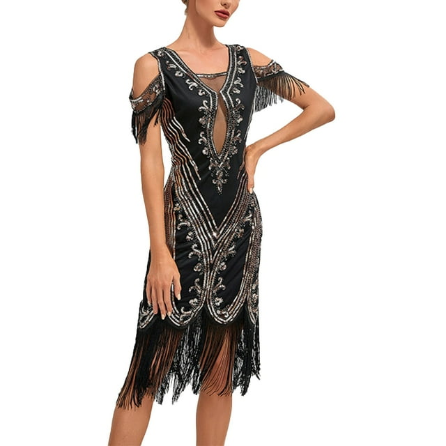 Kcodviy 1920S Knee Length Flapper Fitting Prom Dresses Party Dress Tassels Hem Long Dresses Sequined Cocktail Dresses with Petite Dresses Size 12 20S Accessories Set