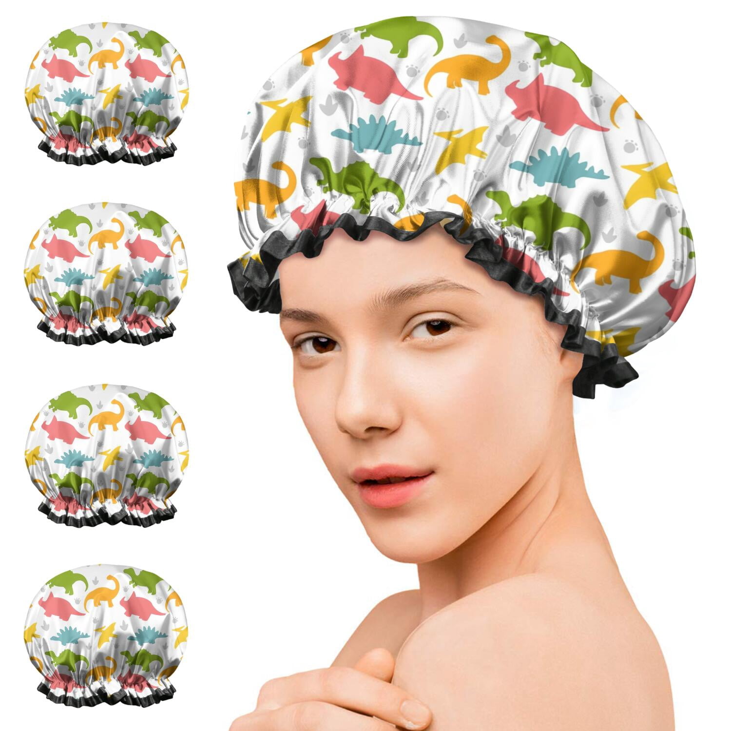Shower Caps,Colorful Dinosaurs DiverseSilhouettes Pattern Waterproof Shower Cap for Women 4 Pieces,Double Reusable Hair Cover for Shower PEVA Elastic Stretch Hem