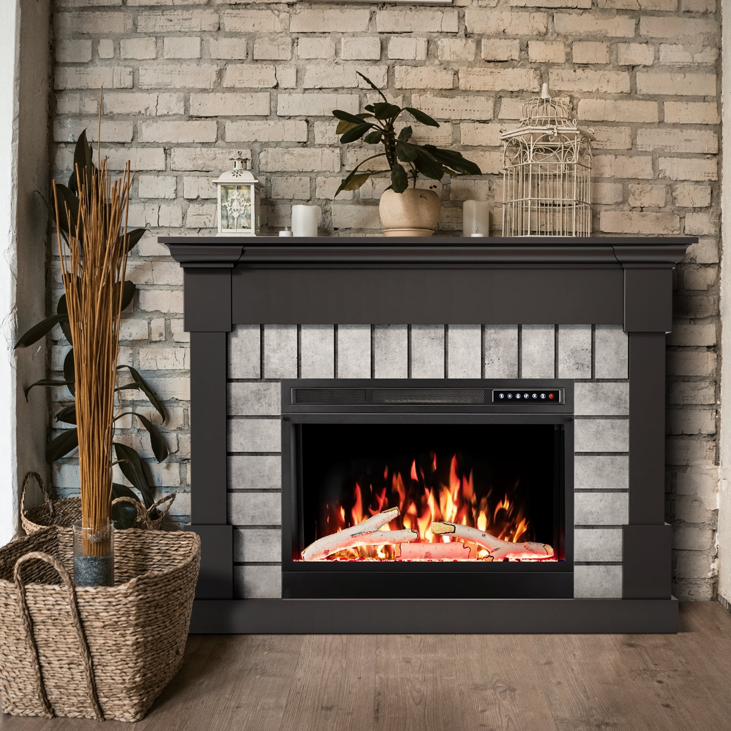 WAA Electric Fireplace Mantel Package Wooden Surround Firebox TV Stand Free Standing Electric Fireplace Heater,Remote Control,4 Flame Colors,12 Flame Bed Colors,5 Flame Brightness,5 Speeds,Black