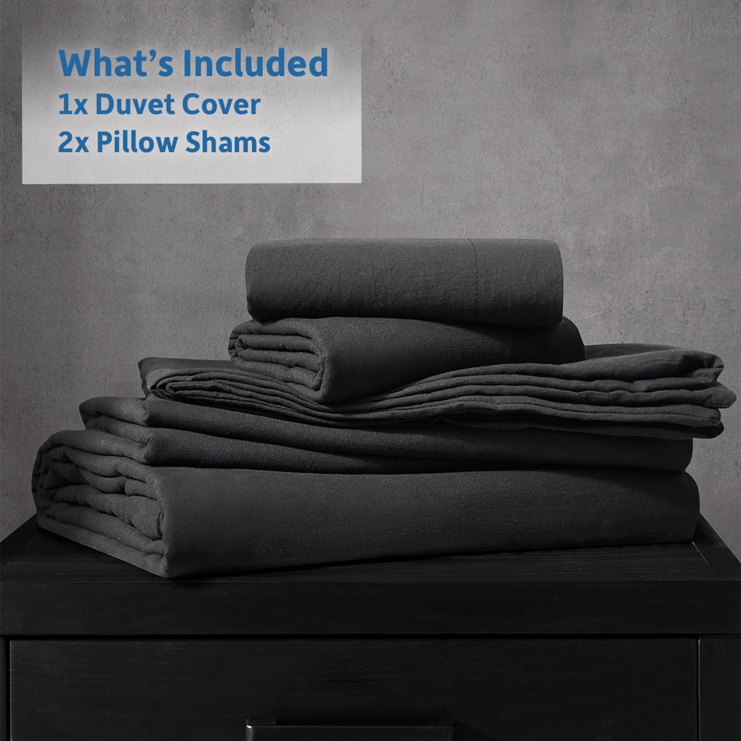 Virtu 3-Piece Duvet Cover Set, Soft Prewashed Bedding Set Queen with Pillow Shams, Black