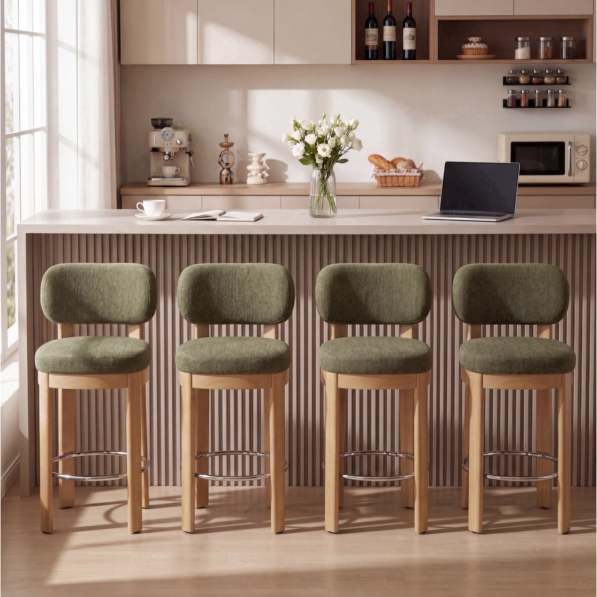 Guyou 26" Bar Stools Set of 4, Modern Chenille Upholstered Counter Height Bar Stools, Farmhouse Armless Bar Chairs with Solid Wood Legs & Padded Back for Kitchen Island/Dining Room Bar, Green