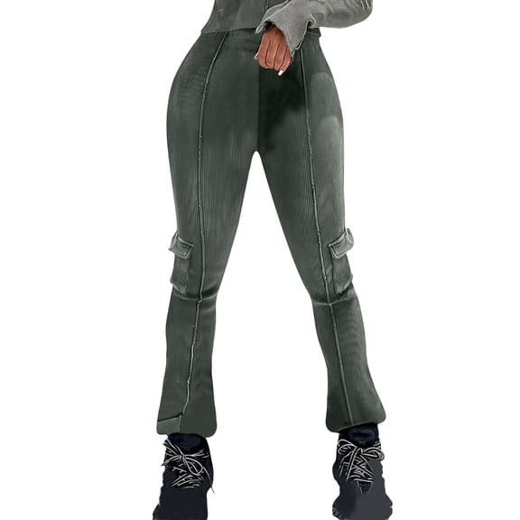Lenpel Women's Cargo Pants High Waisted Pull on Ribbed Flare Leggings Bootcut Casual Trousers with Pockets