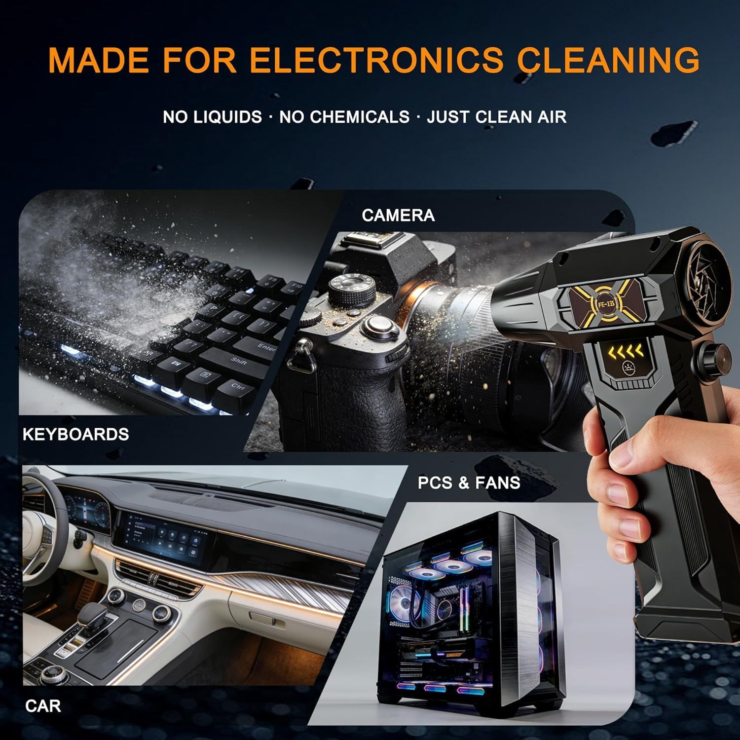 Duster, Cordless Electric Air Blower 130000 RPM, Rechargeable  Cleaner for PC & Keyboard Cleaning, Portable Air Duster for Electronics &  Cleaning with LED Light (FE-J35)
