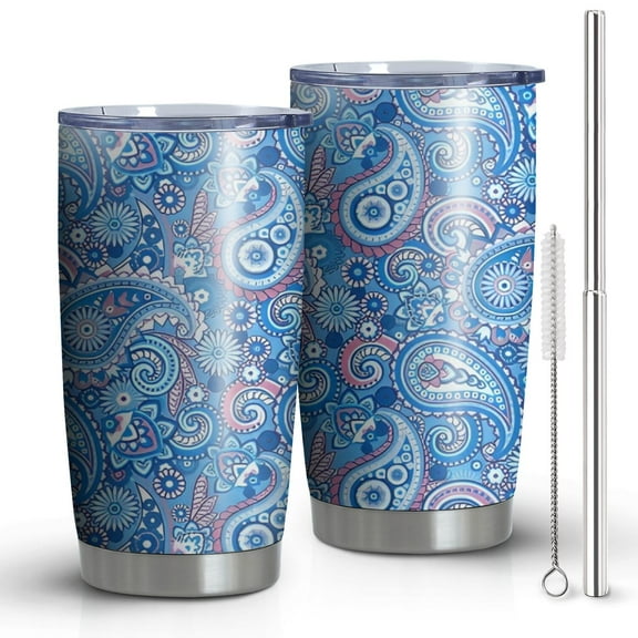 20oz Tumblers Blue Paisley Pattern Stainless Steel Vacuum Insulated Double Wall Travel Tumbler Cups Mug with Lid and Straw,Cleaning Brush for Cold & Hot Drinks