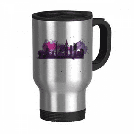 

UK England London Purple Watercolor Travel Mug Flip Lid Stainless Steel Cup Car Tumbler Thermos