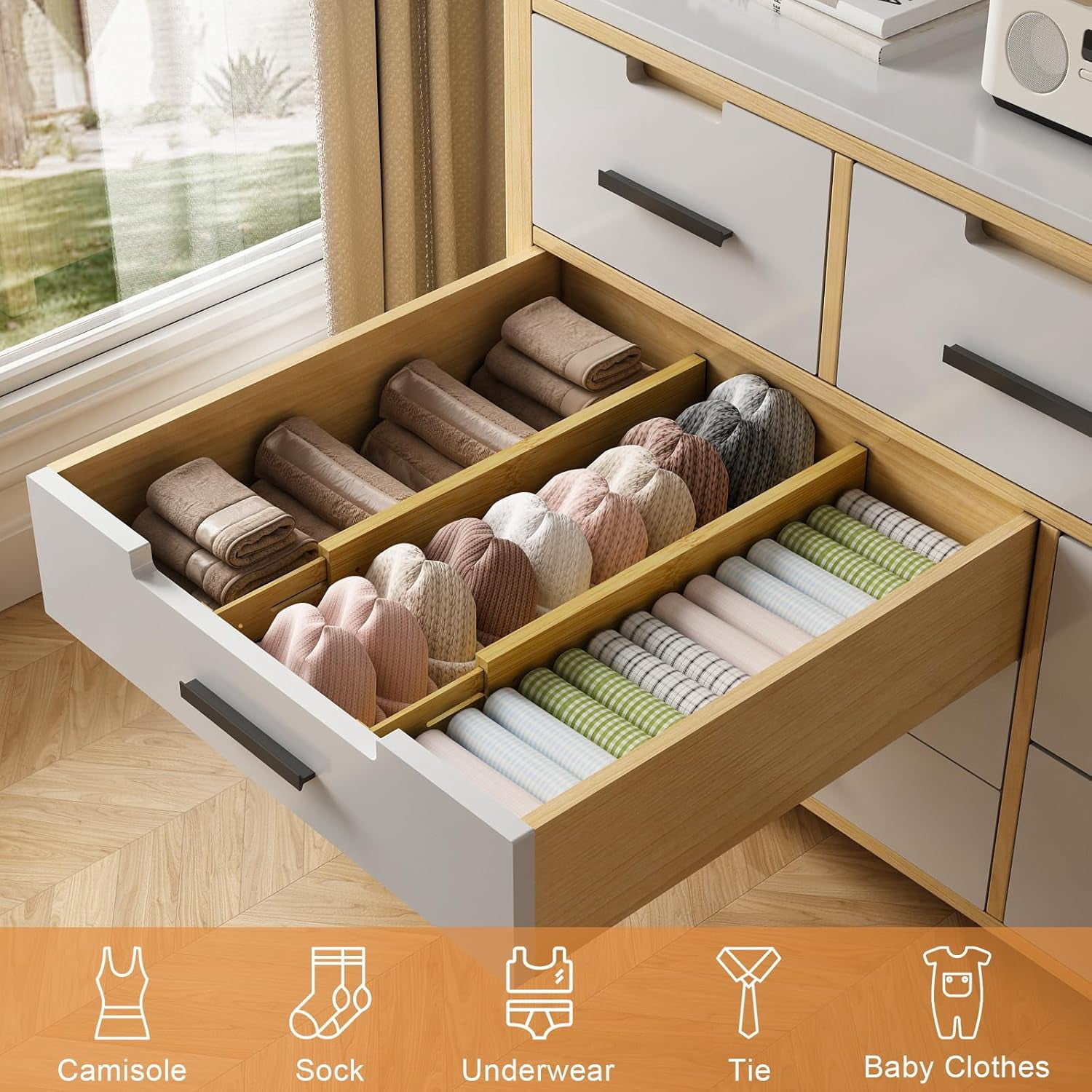 Bamboo Drawer Dividers,17-22" Adjustable Kitchen Drawer Organizer for Clothes,4 Pack Expandable Drawer Organization Separators for Bedroom,Bathroom,Dresser and Office