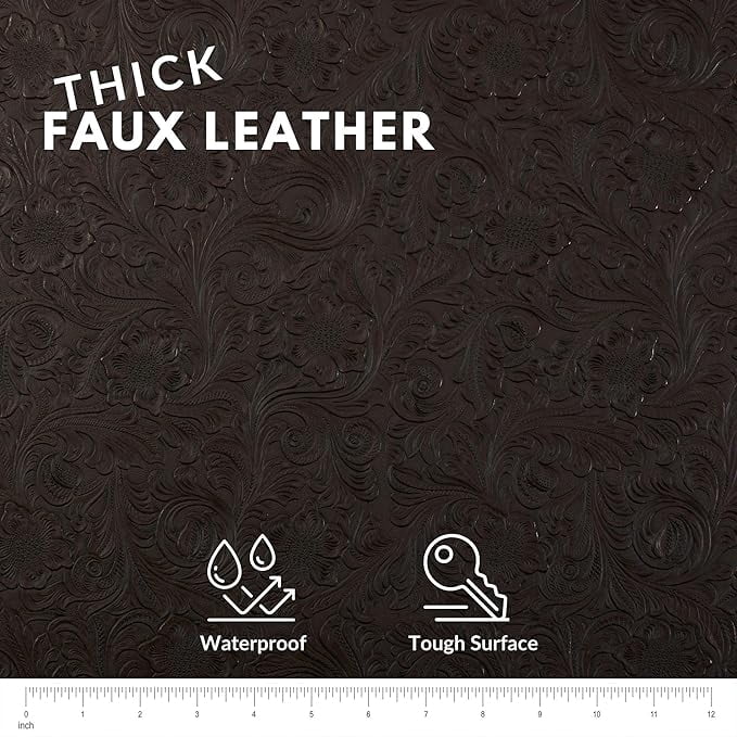 Tooled Faux Leather Western Cowboy, Floral Embossed Vinyl, Craft DIY and Upholstery Textured PU Pleather Fabric - Cut by The Yard (Dark Brown)