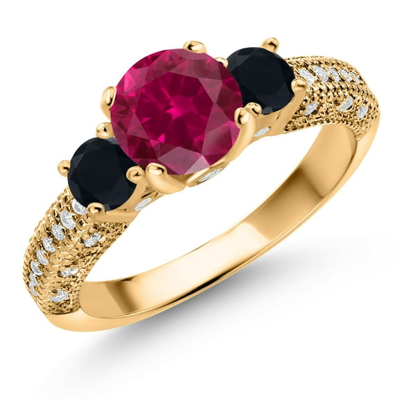 Gem Stone King 18K Yellow Gold Plated Silver Red Created Ruby Black Onyx and White Moissanite Engagement Ring for Women (2.07 Cttw, Gemstone July Birthstone, Round 7MM and 4MM, Size 9)