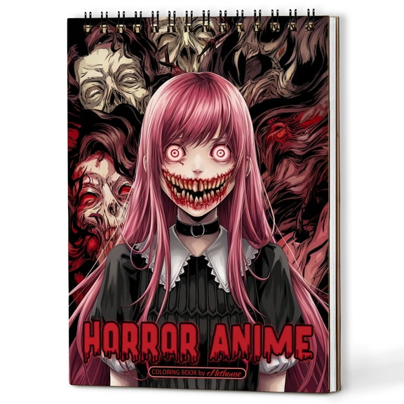 NETHOUSE Horror Anime Coloring Book Spiral Bound for Adults Teen Girl, A5 Wooden Cover, 30 Darkness With Horror Anime Coloring Pages for Stress Relief and Relaxation