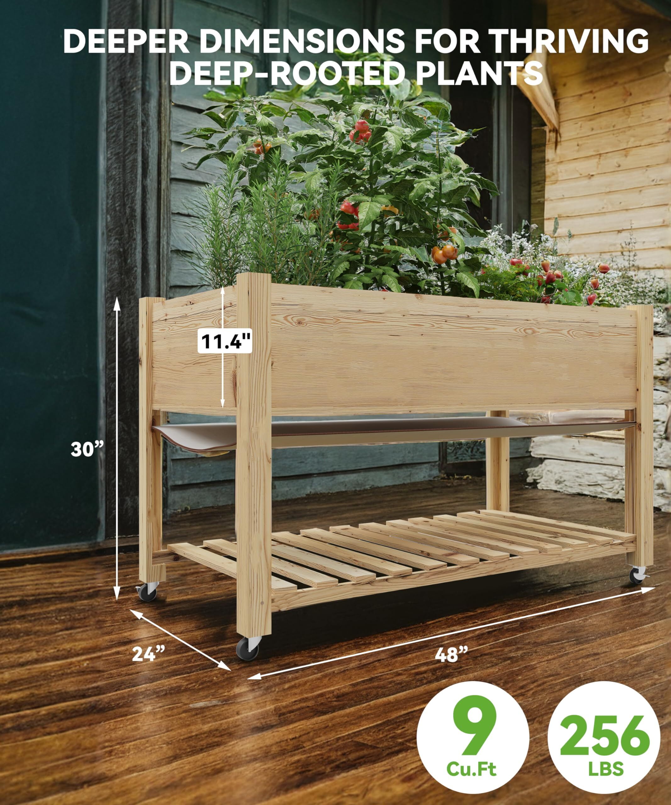 RIEDHOFF Raised Garden Bed, Elevated with Legs and Wheels, Cedar Wood, Outdoor, 48 x 24 x 30 in